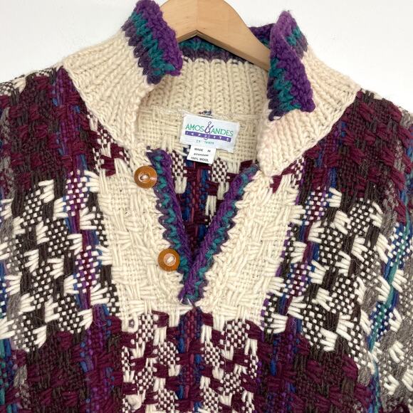 Vintage 90s Chunky Knit Plaid Cottagecore Coastal Fisherman Wool Sweater XXL - Picture 4 of 8